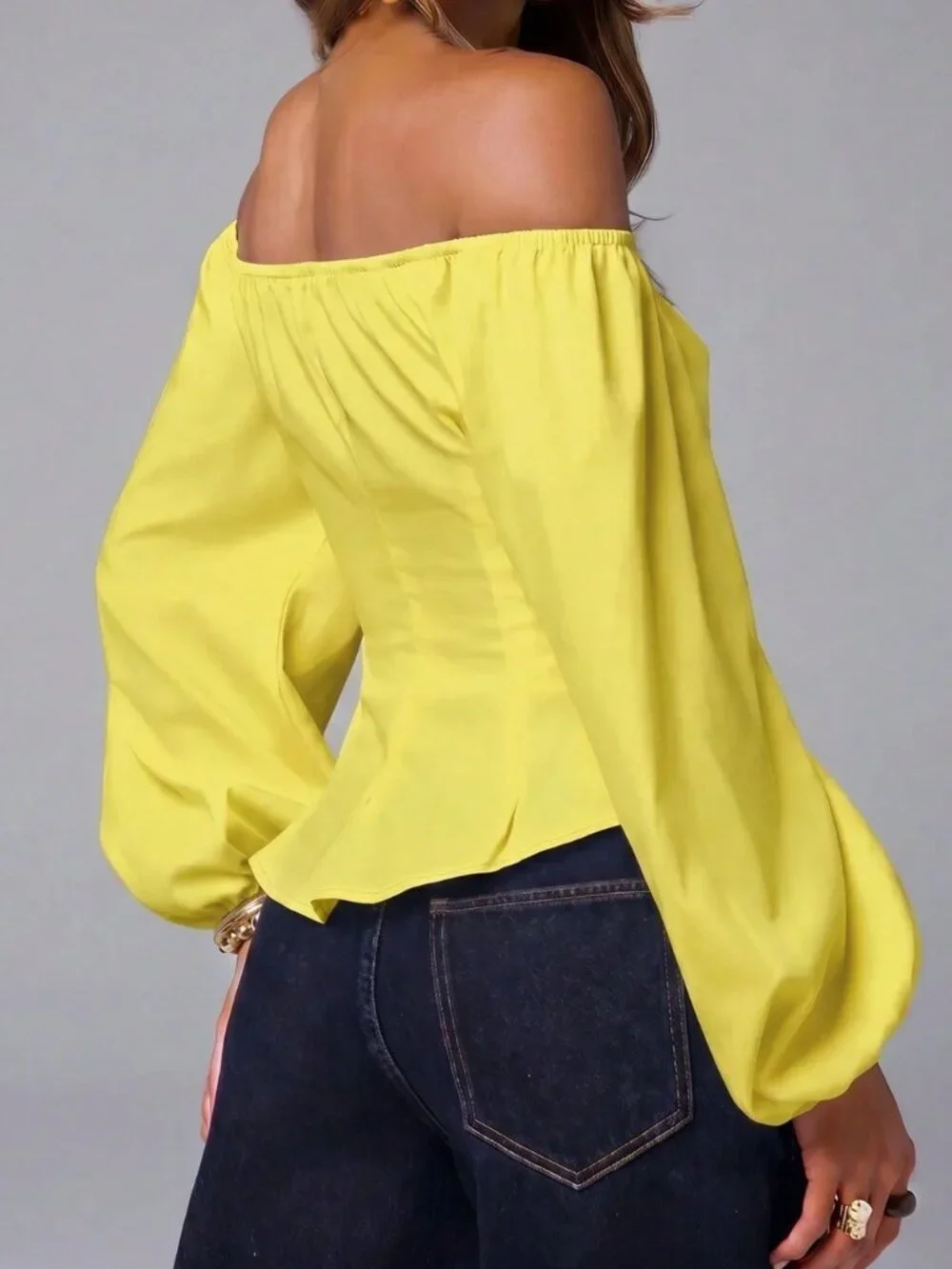 Yellow Elegant Off-Shoulder Sleeve Pleated Balloon Top